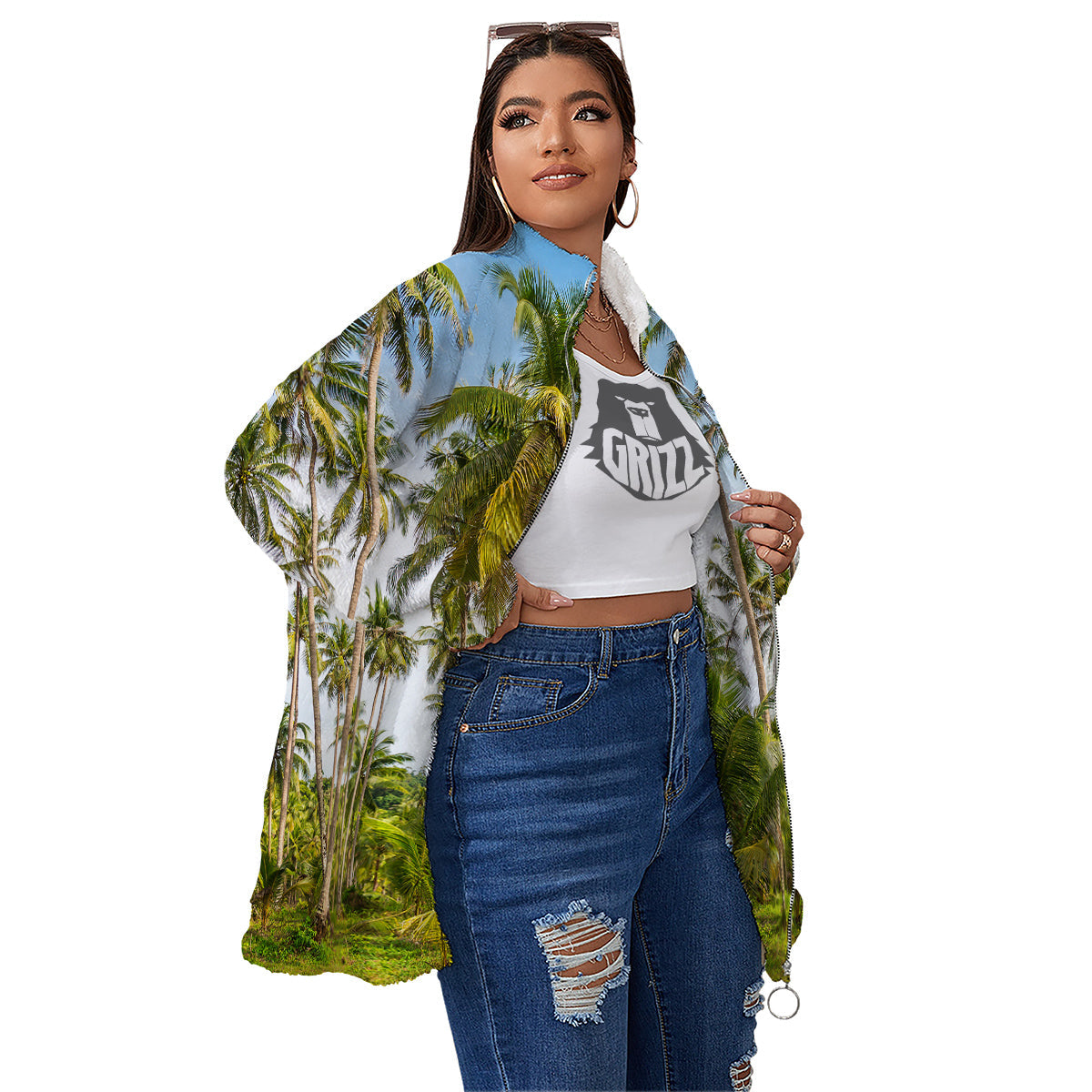 Coconut Tree Print Women's Sherpa Jacket-grizzshop