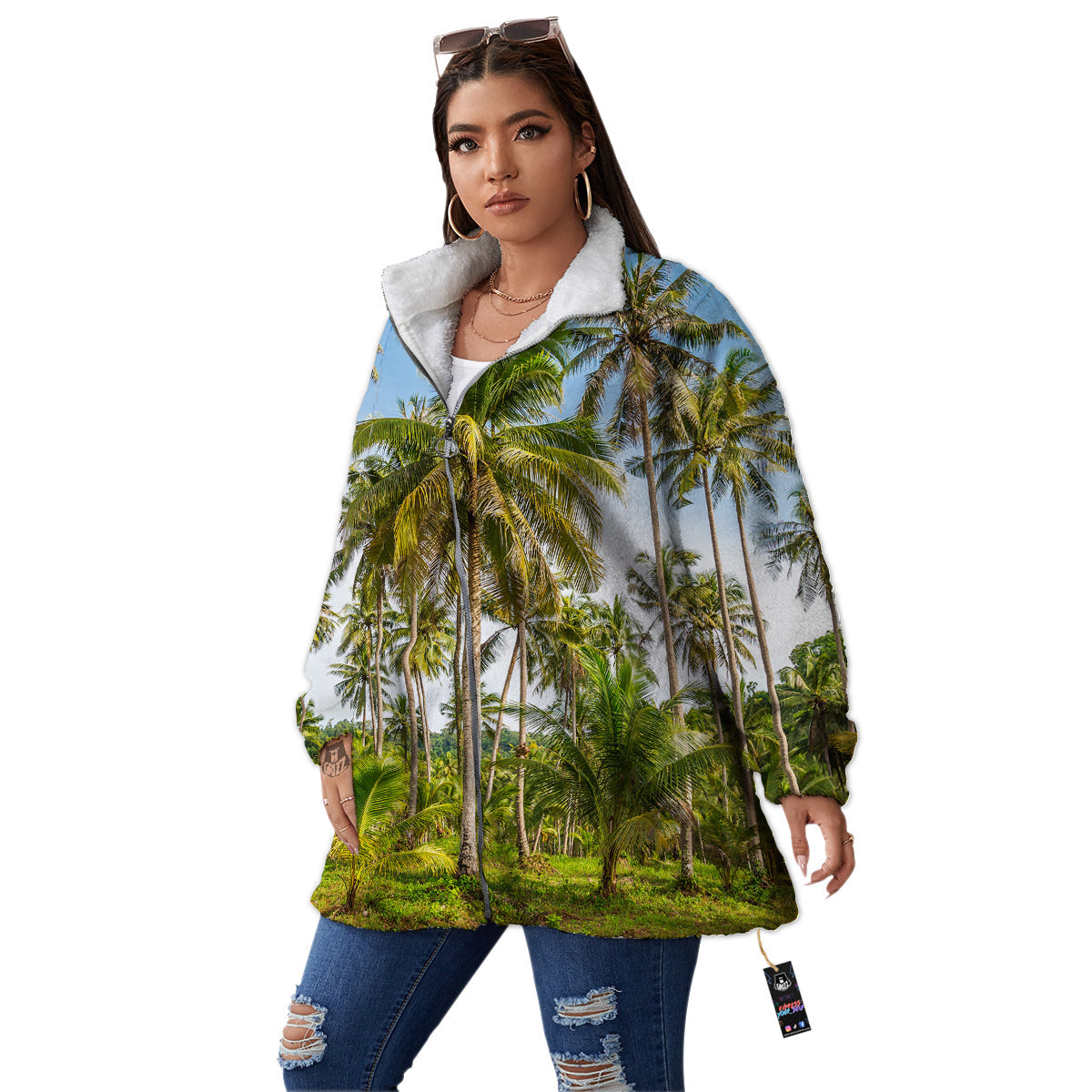 Coconut Tree Print Women's Sherpa Jacket-grizzshop
