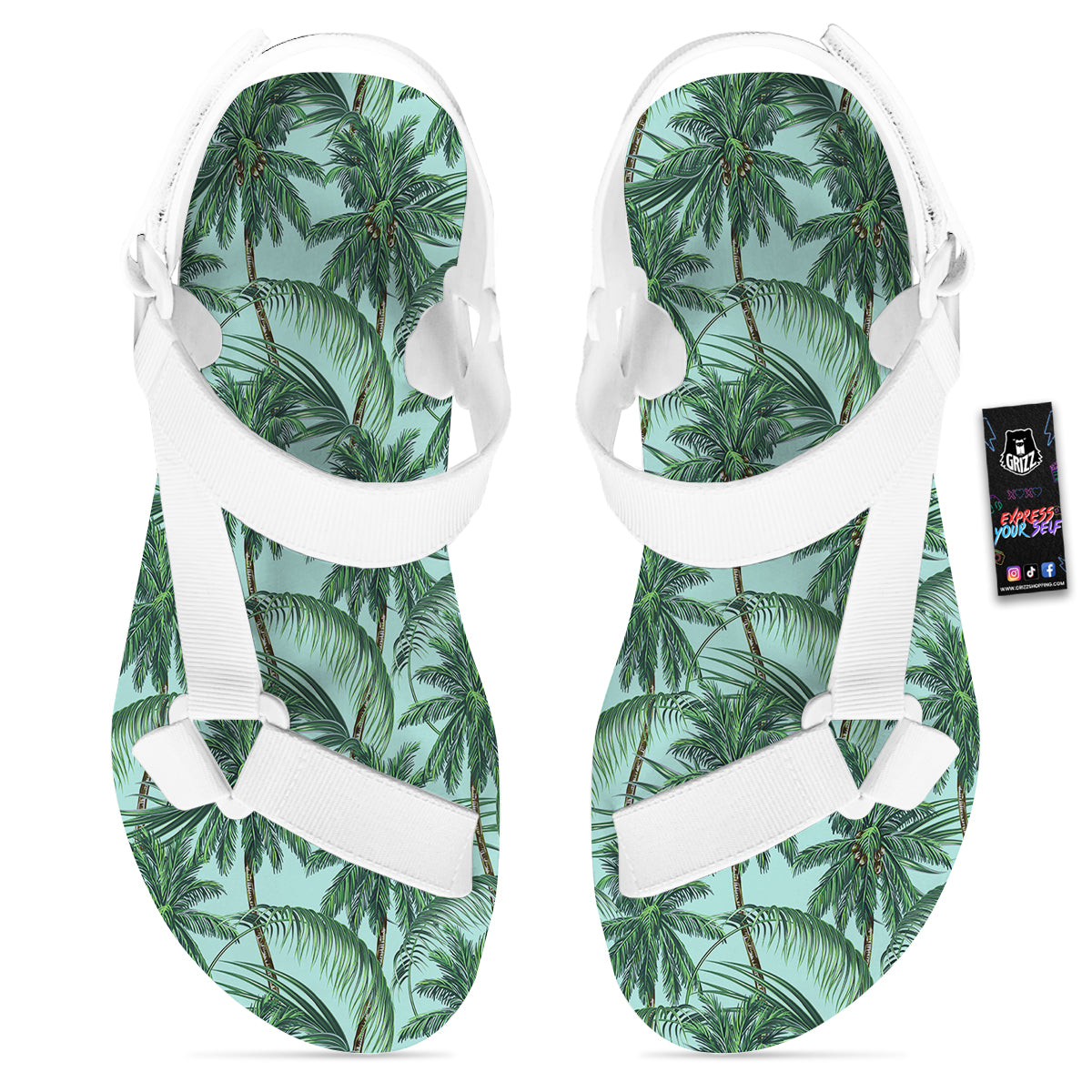 Coconut Tree Vintage Print Pattern White Open Toe Sandals-grizzshop