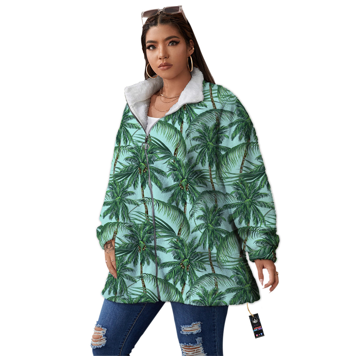 Coconut Tree Vintage Print Pattern Women's Sherpa Jacket-grizzshop