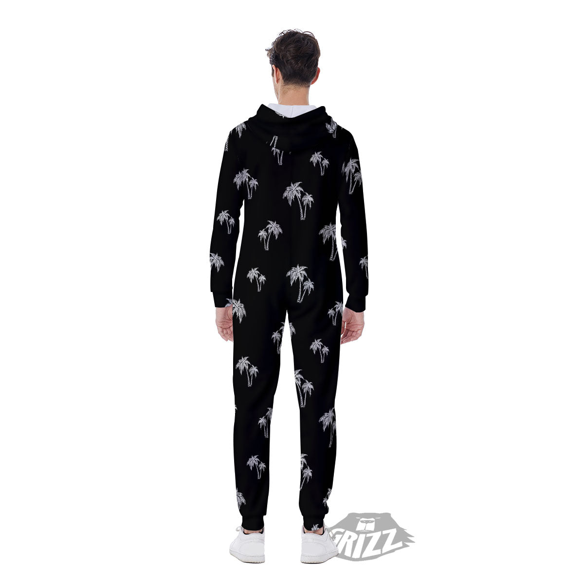 Coconut Tree White And Black Print Men's Jumpsuit-grizzshop