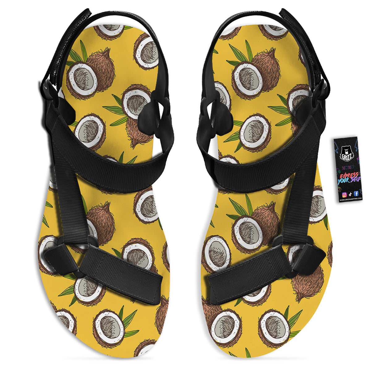 Coconut Yellow Print Pattern Black Open Toe Sandals-grizzshop