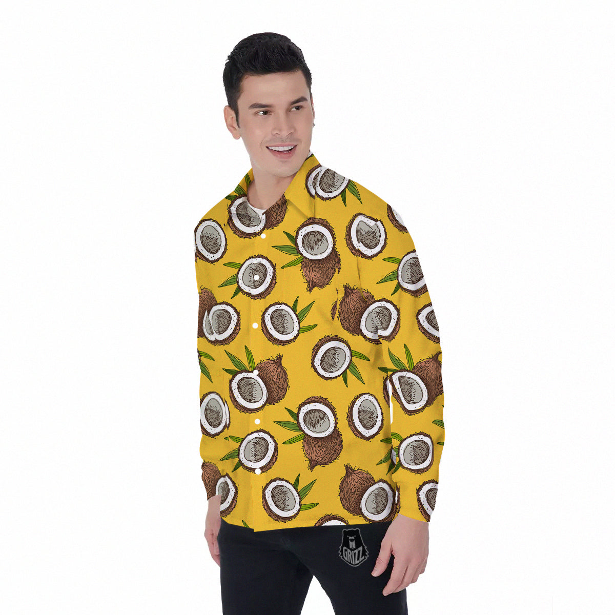 Coconut Yellow Print Pattern Men's Long Sleeve Shirts-grizzshop