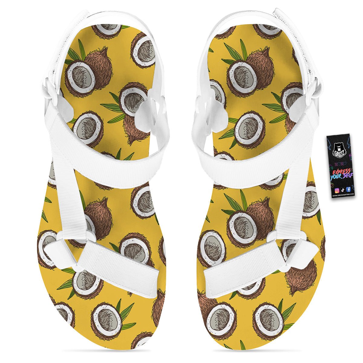 Coconut Yellow Print Pattern White Open Toe Sandals-grizzshop