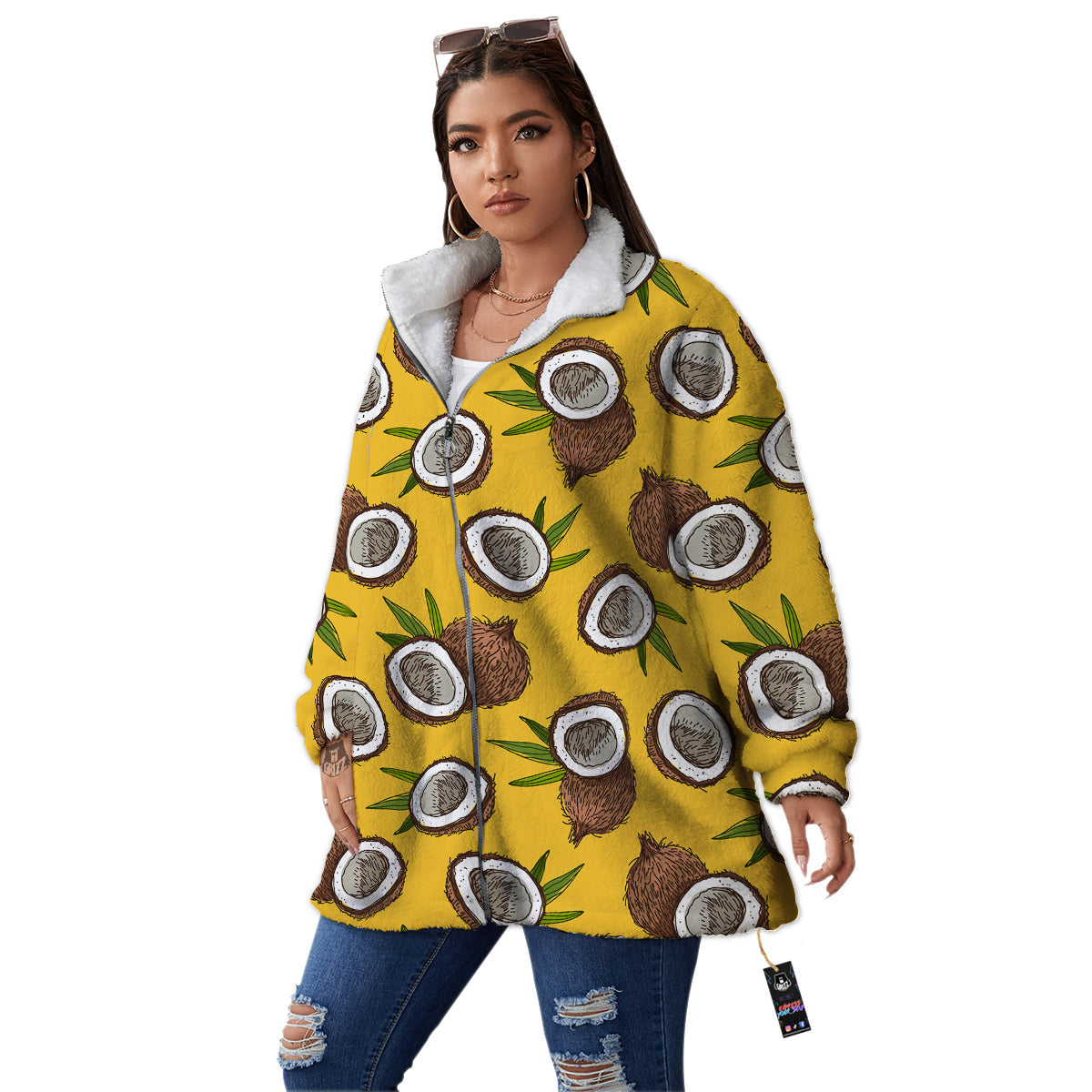 Coconut Yellow Print Pattern Women's Sherpa Jacket-grizzshop