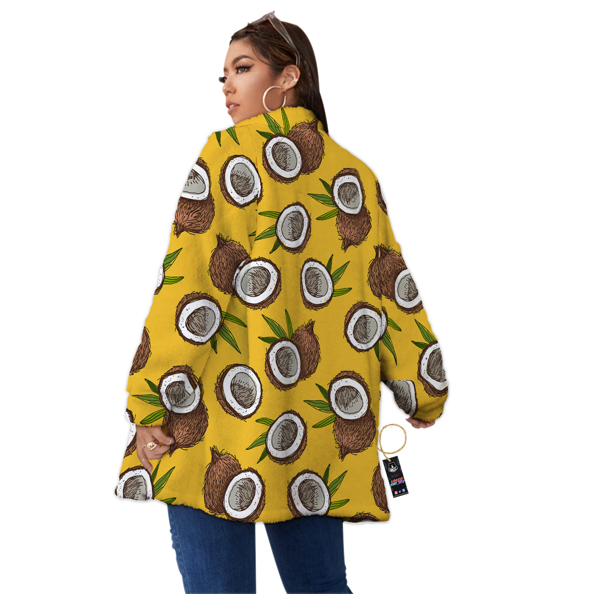 Coconut Yellow Print Pattern Women's Sherpa Jacket-grizzshop