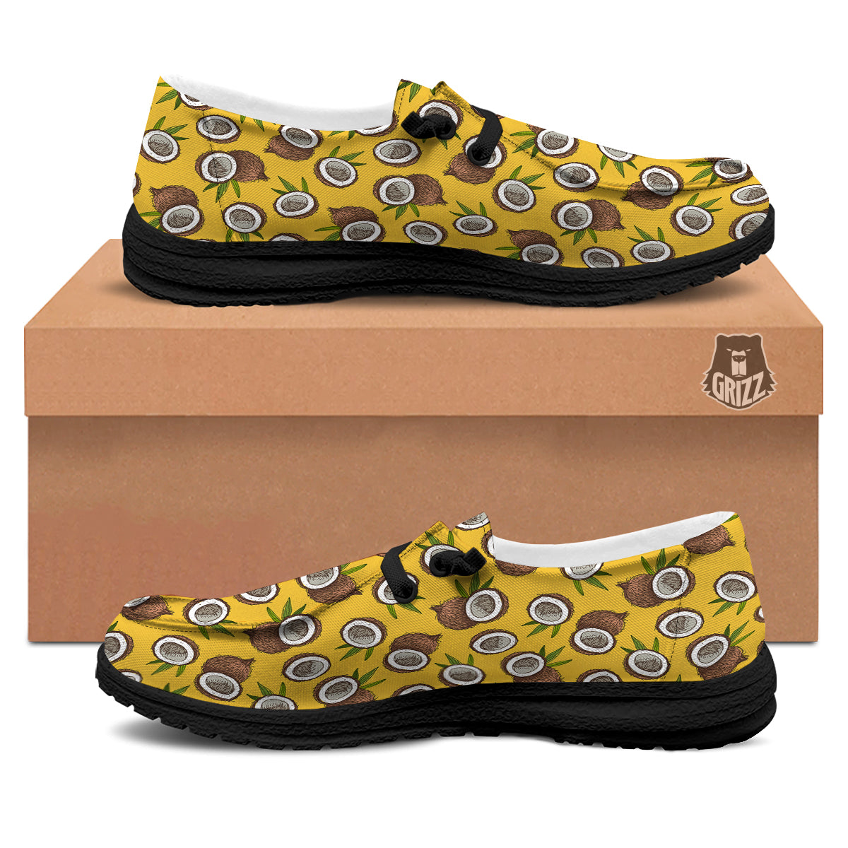 Coconut Yellow Vintage Print Pattern Black Loafers-grizzshop