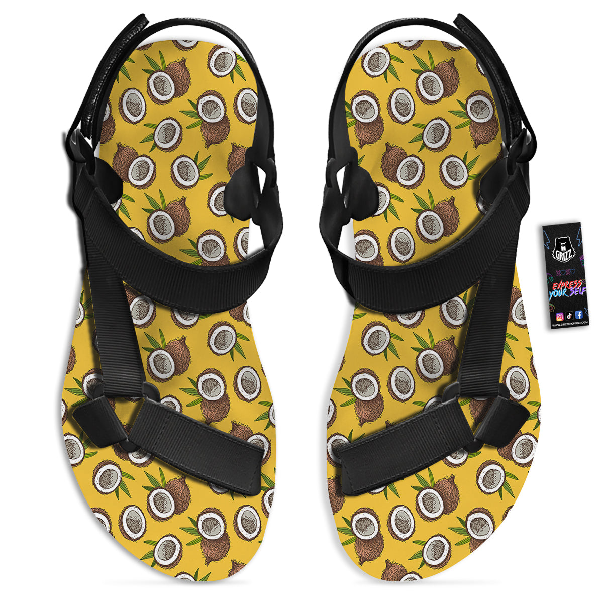 Coconut Yellow Vintage Print Pattern Black Open Toe Sandals-grizzshop