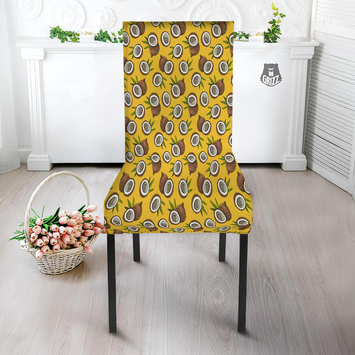 Coconut Yellow Vintage Print Pattern Dining Chair Slipcover-grizzshop
