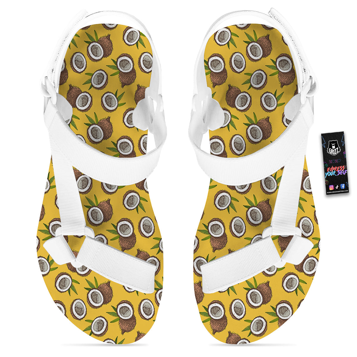 Coconut Yellow Vintage Print Pattern White Open Toe Sandals-grizzshop