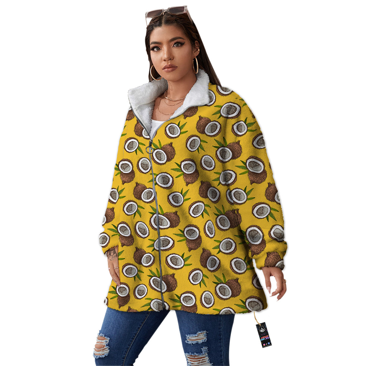 Coconut Yellow Vintage Print Pattern Women's Sherpa Jacket-grizzshop