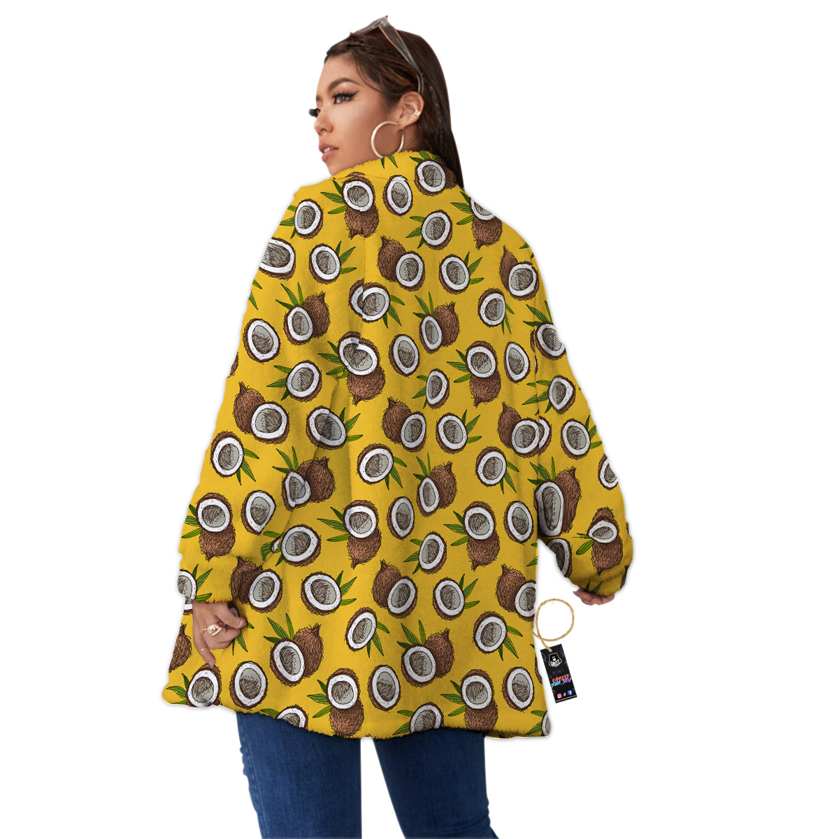 Coconut Yellow Vintage Print Pattern Women's Sherpa Jacket-grizzshop