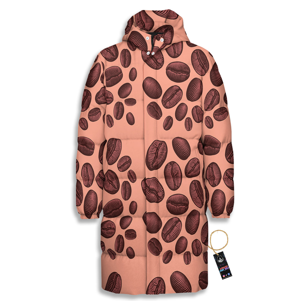 Coffee Bean Vintage Print Pattern Long Down Jacket-grizzshop