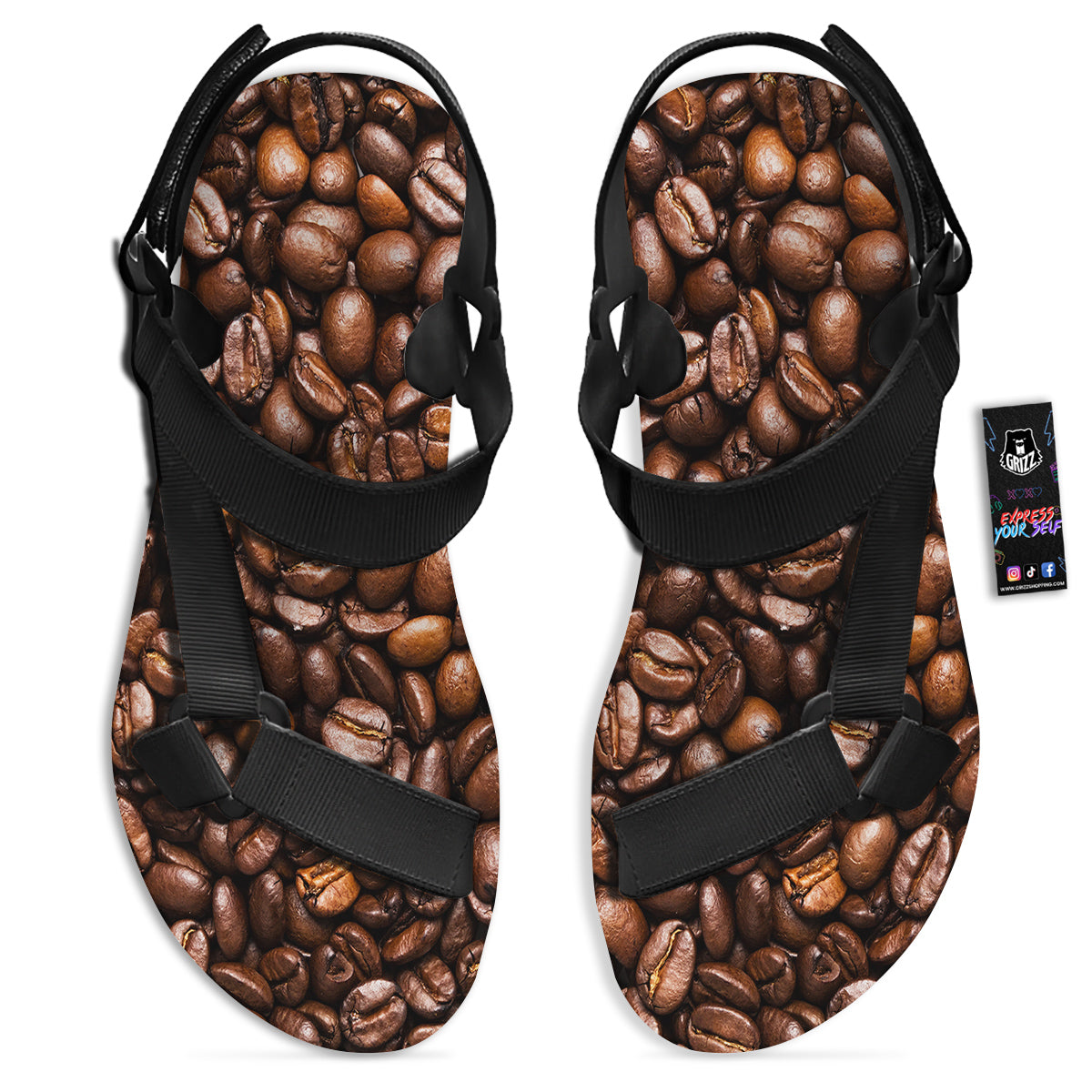 Coffee Beans Print Black Open Toe Sandals-grizzshop