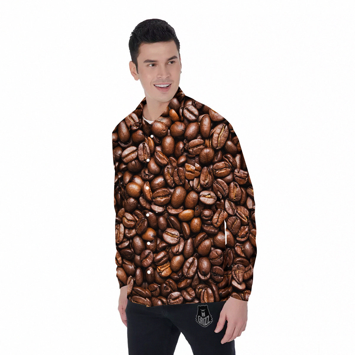 Coffee Beans Print Men's Long Sleeve Shirts-grizzshop