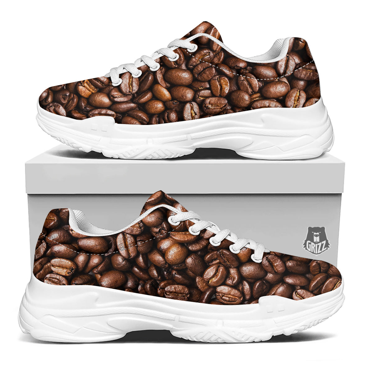 Coffee Beans Print White Chunky Shoes-grizzshop