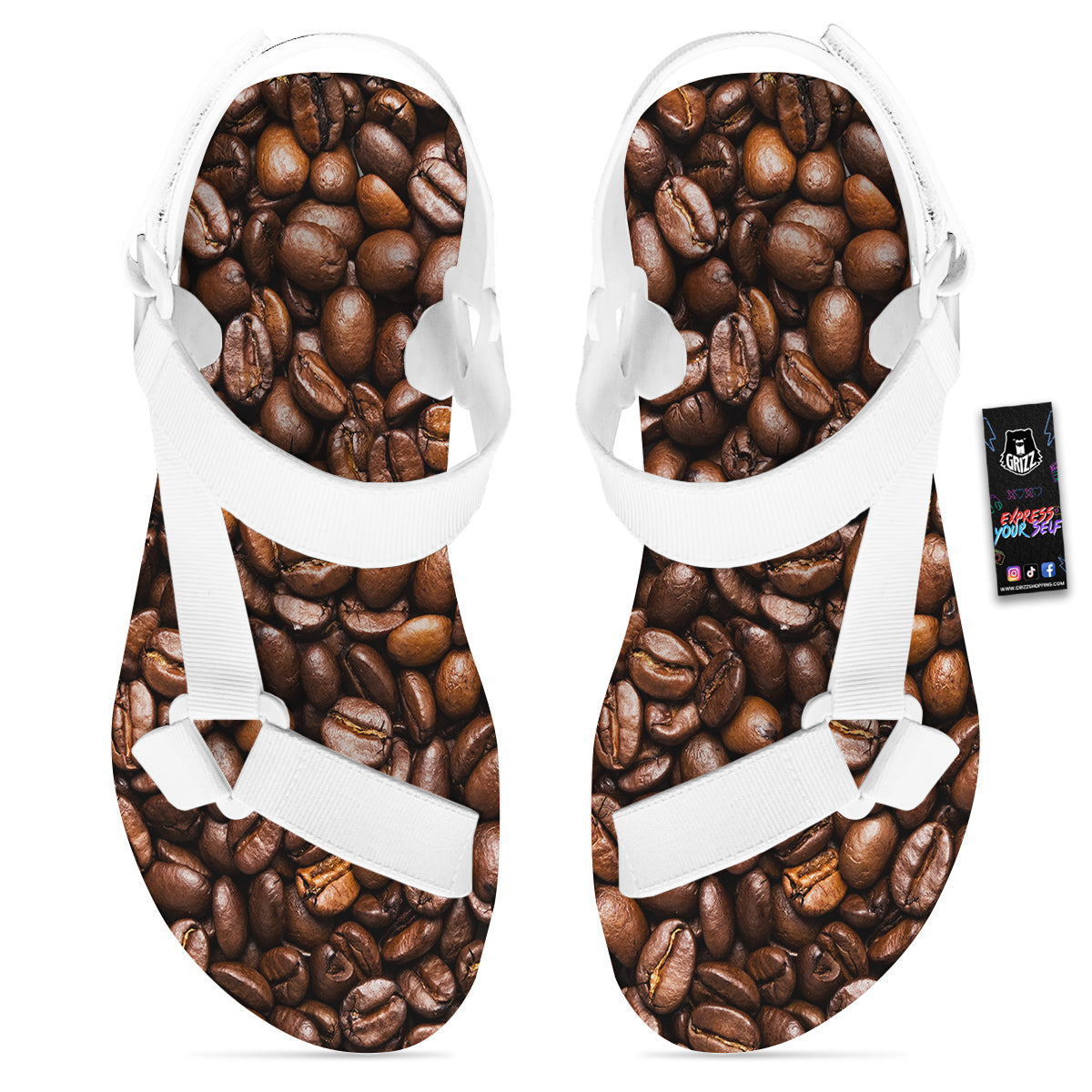 Coffee Beans Print White Open Toe Sandals-grizzshop