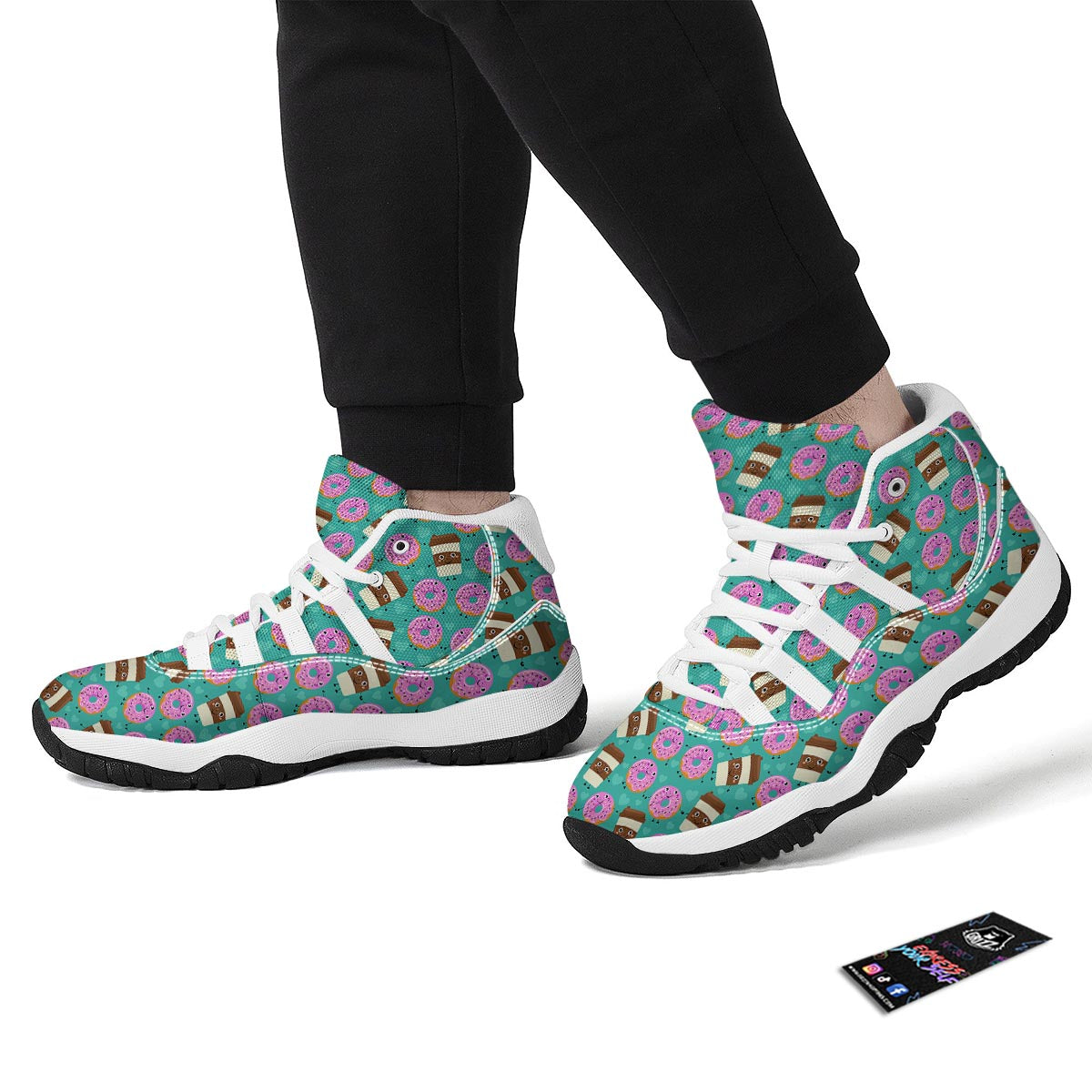 Coffee Donut Pattern Print White Bball Shoes-grizzshop