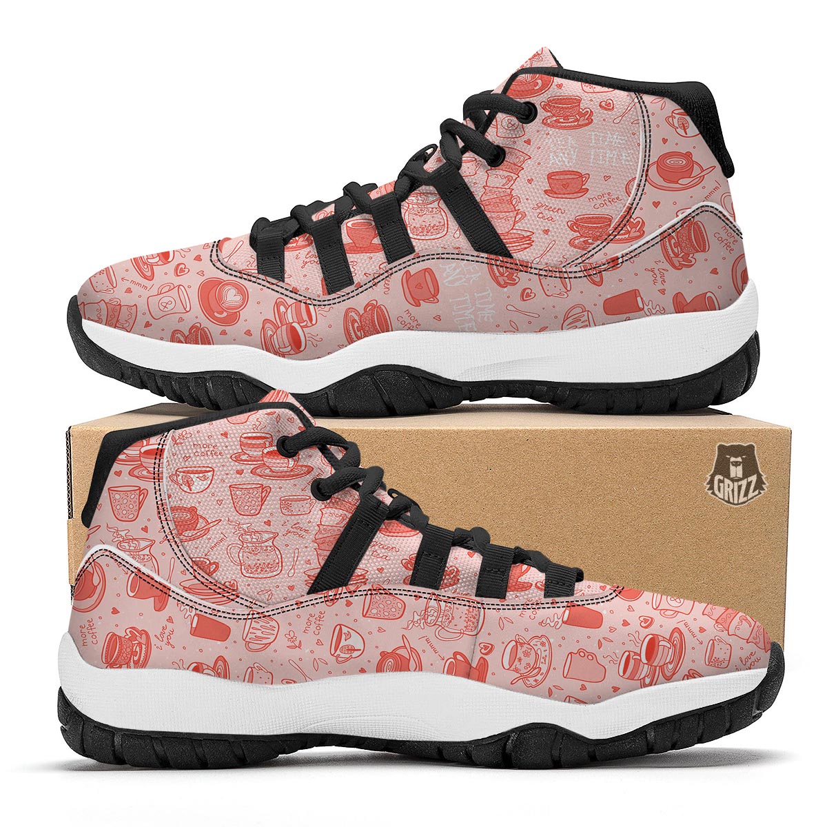 Coffee Pink Pattern Print Black Bball Shoes-grizzshop