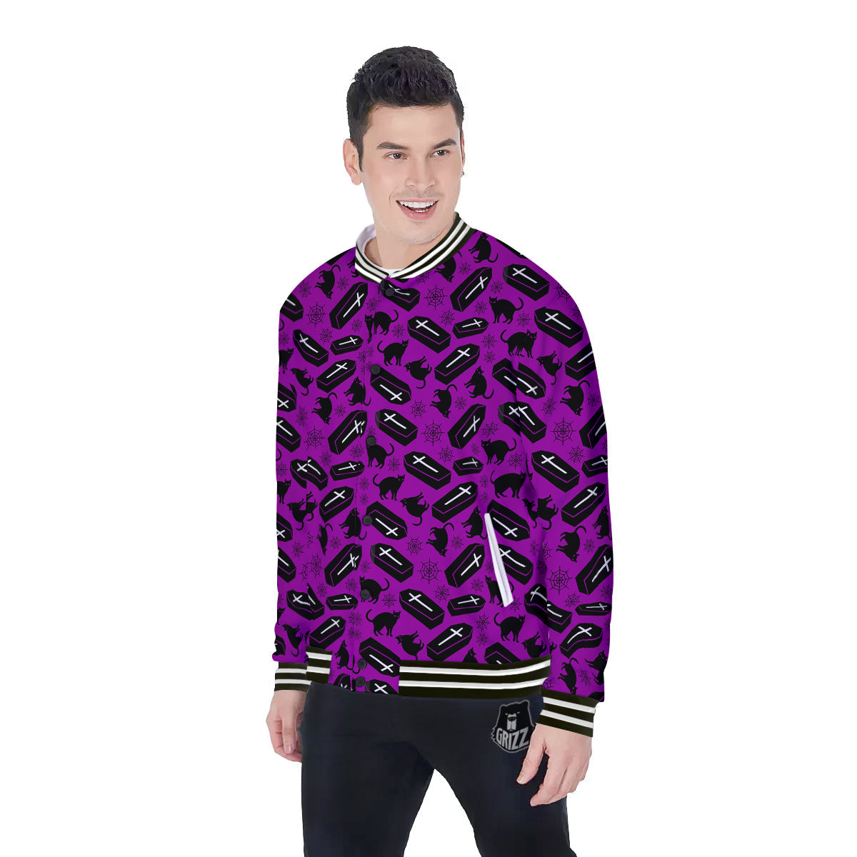 Coffin And Cat Purple Print Pattern Baseball Jacket-grizzshop