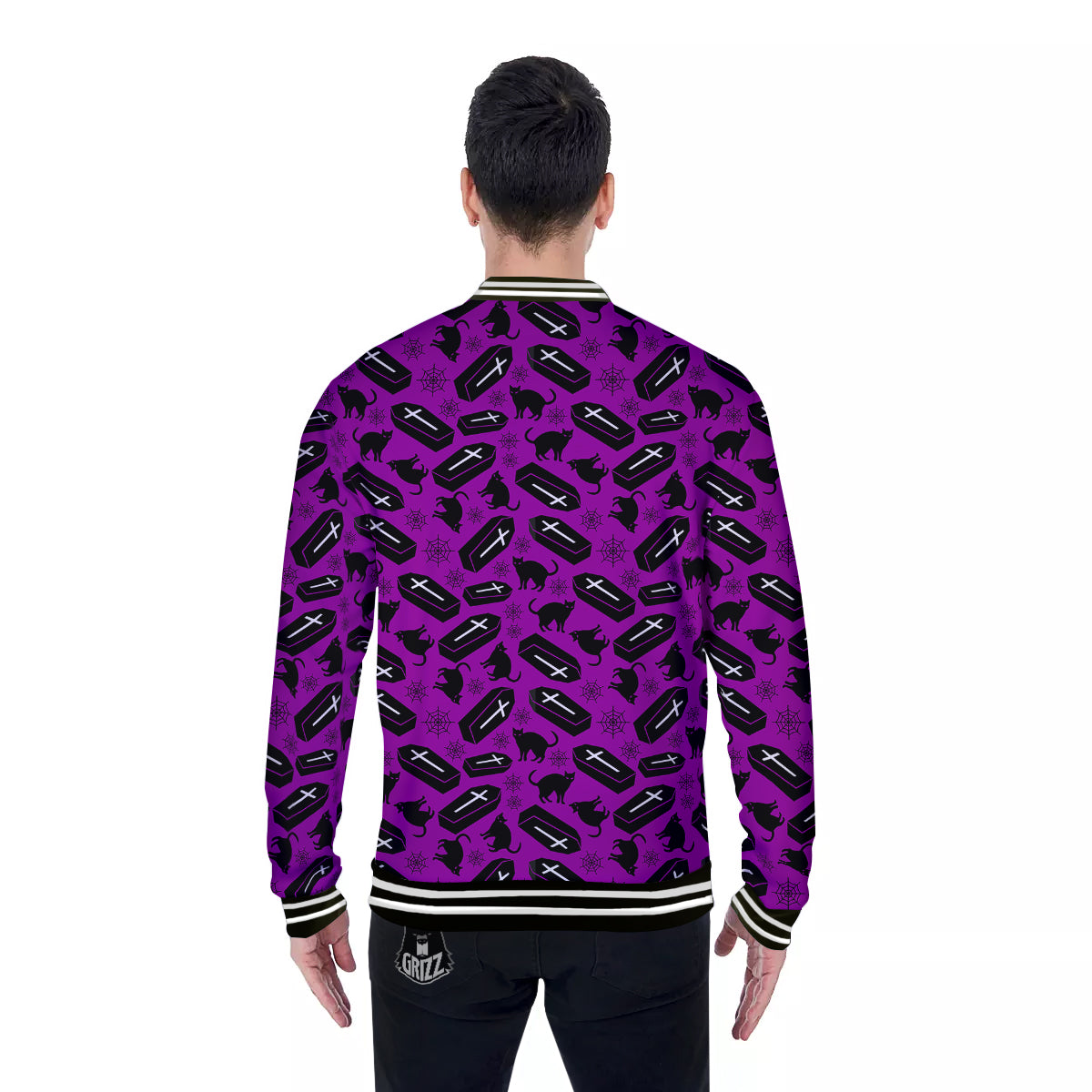 Coffin And Cat Purple Print Pattern Baseball Jacket-grizzshop
