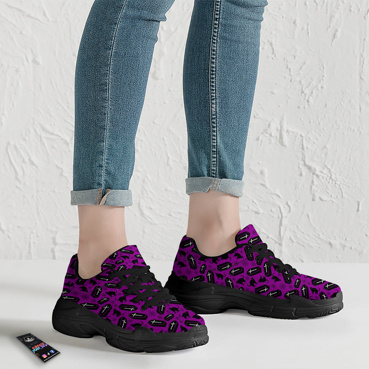 Coffin And Cat Purple Print Pattern Black Chunky Shoes-grizzshop