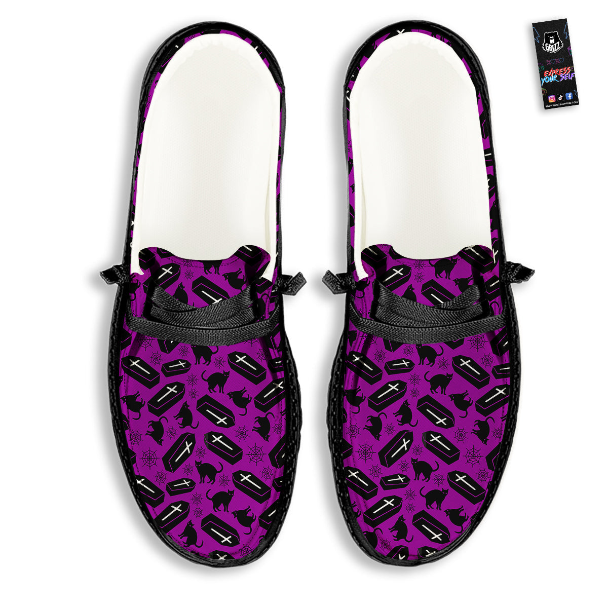 Coffin And Cat Purple Print Pattern Black Loafers-grizzshop