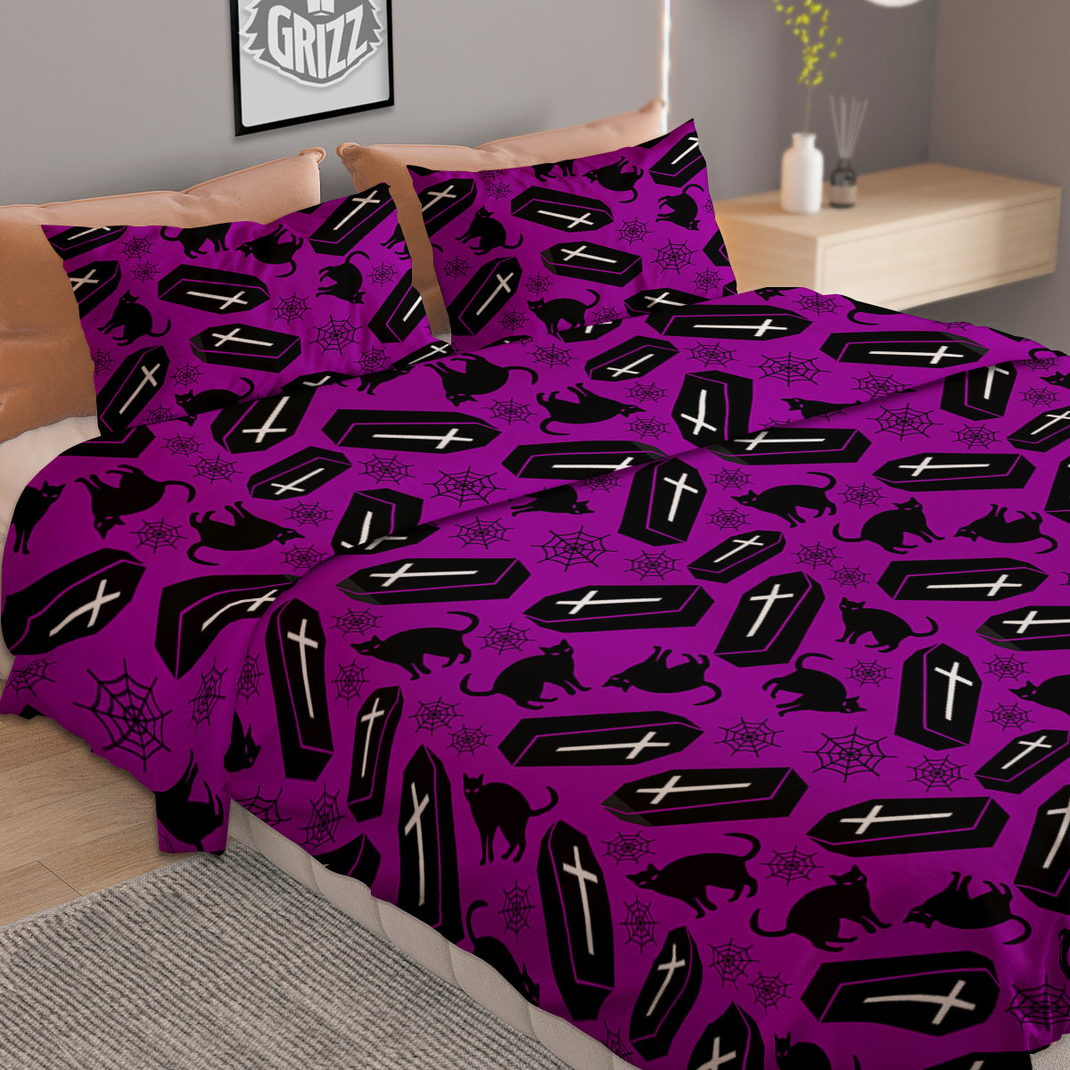 Coffin And Cat Purple Print Pattern Duvet Cover Bedding Set