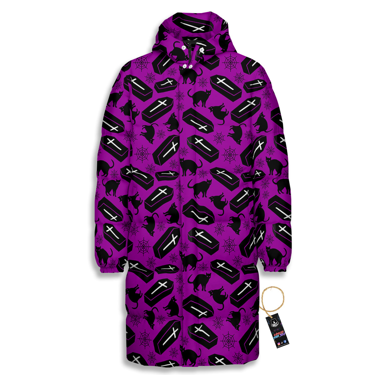 Coffin And Cat Purple Print Pattern Long Down Jacket-grizzshop
