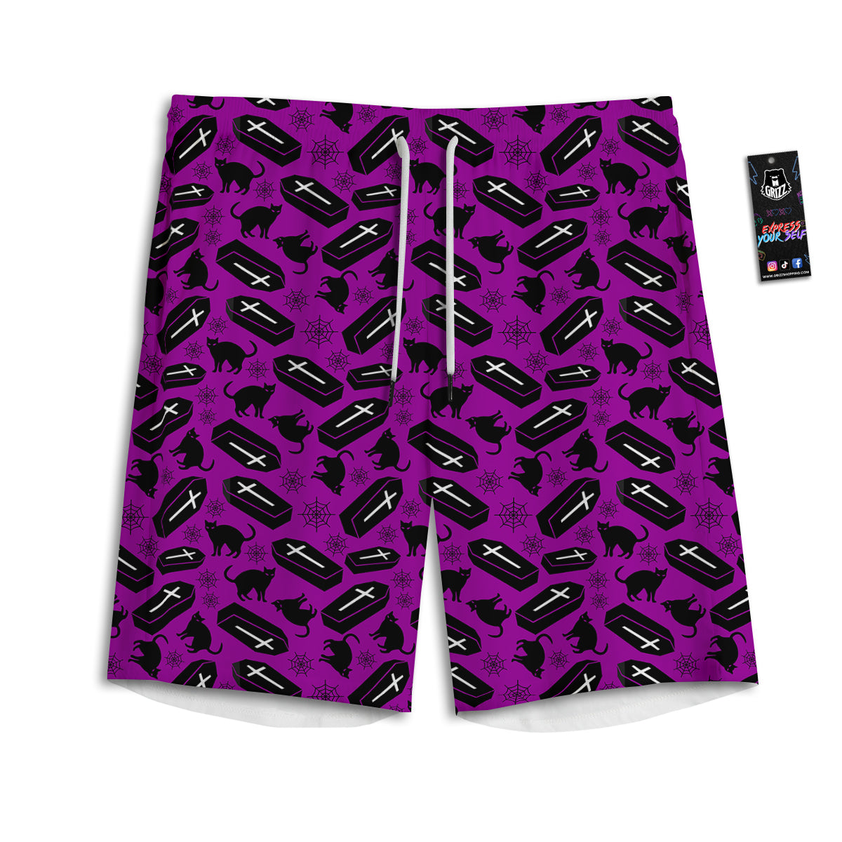 Coffin And Cat Purple Print Pattern Men's Athletic Shorts