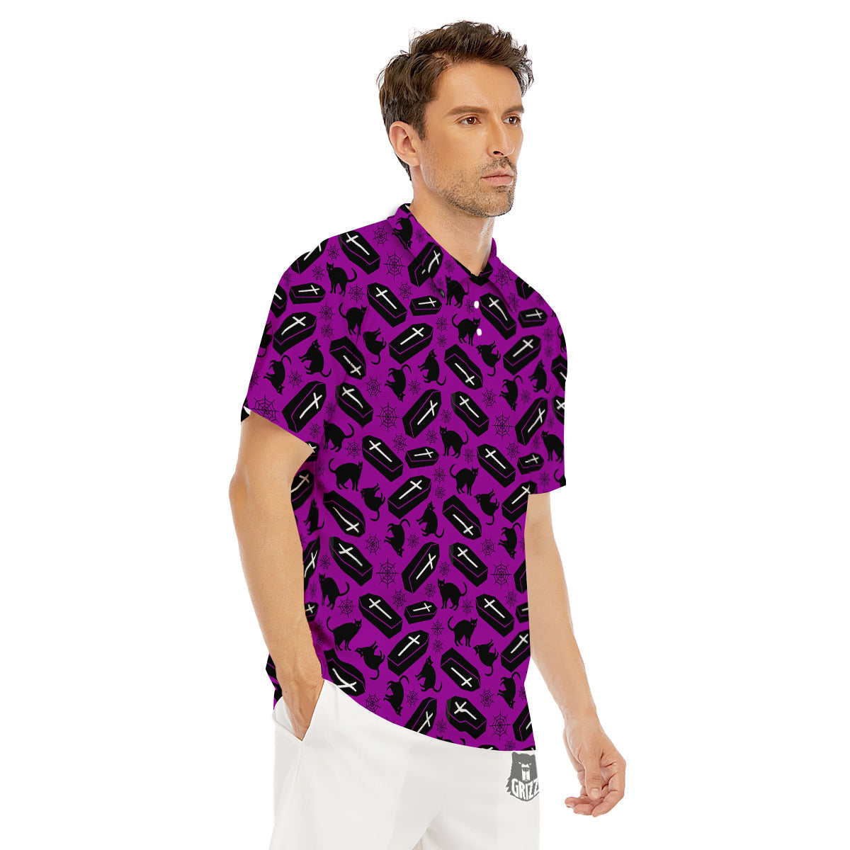 Coffin And Cat Purple Print Pattern Men's Golf Shirts-grizzshop