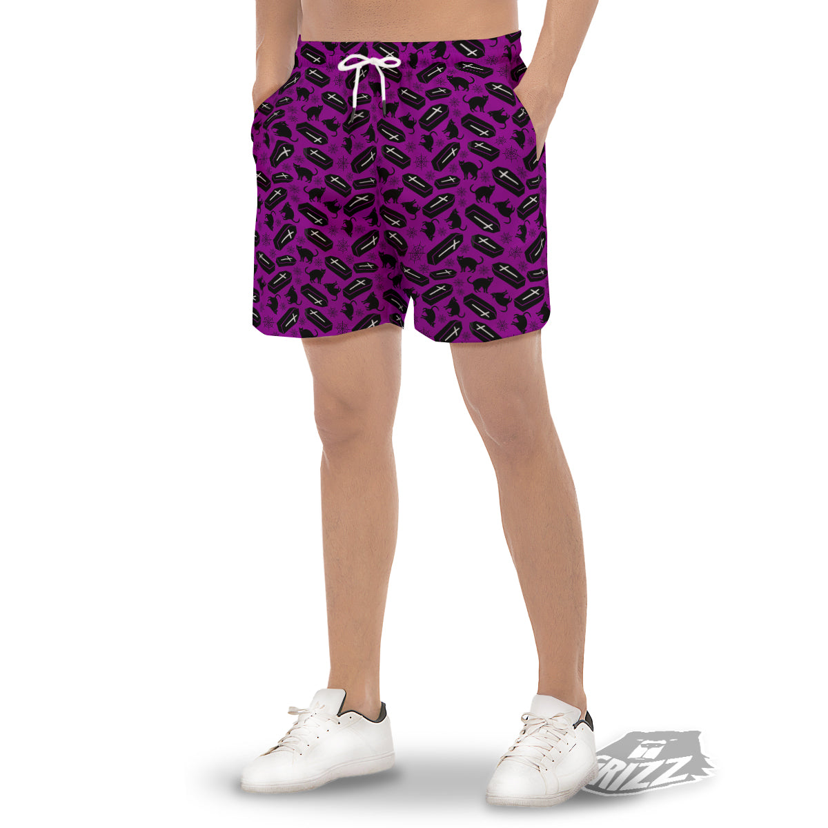 Coffin And Cat Purple Print Pattern Men's Gym Shorts-grizzshop