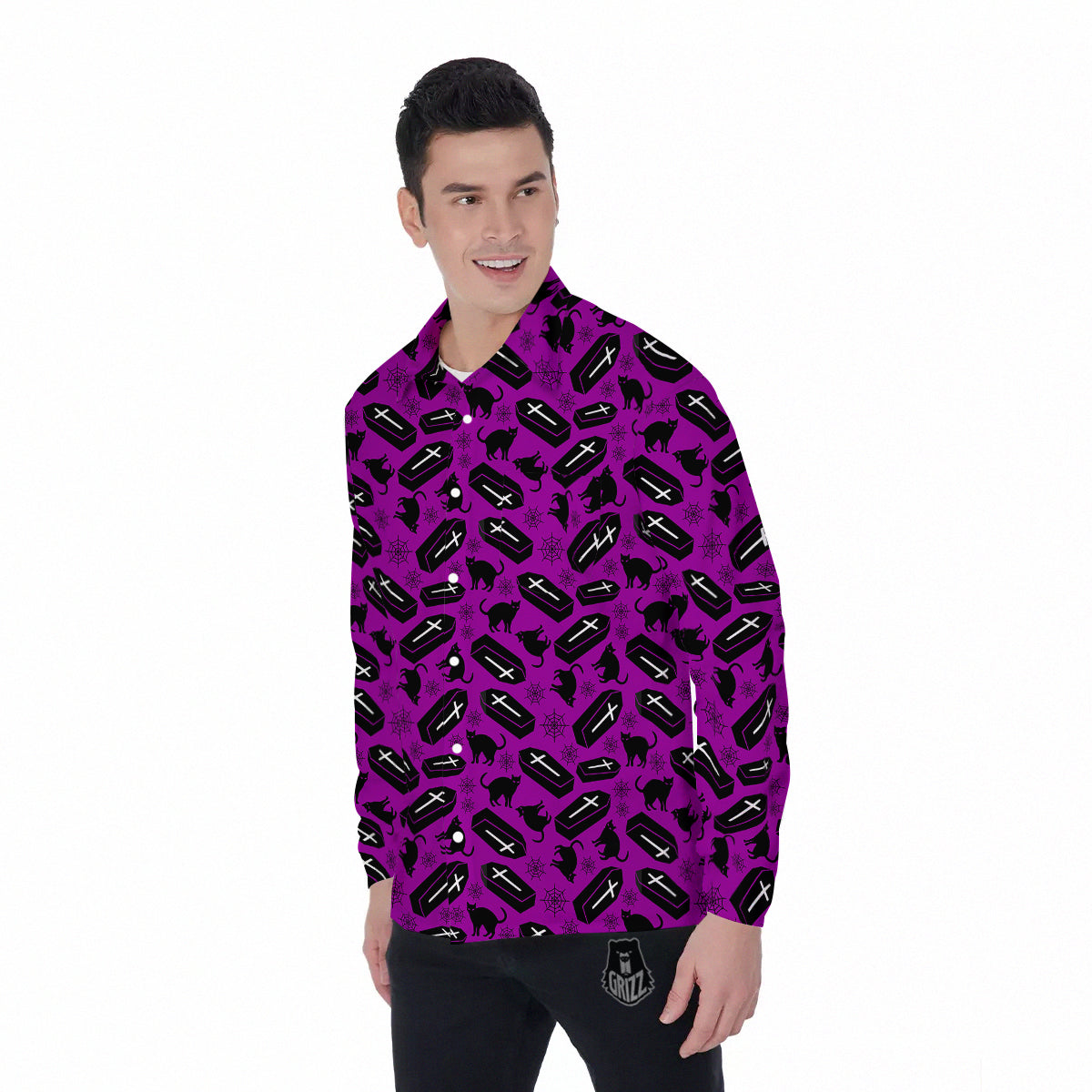 Coffin And Cat Purple Print Pattern Men's Long Sleeve Shirts-grizzshop