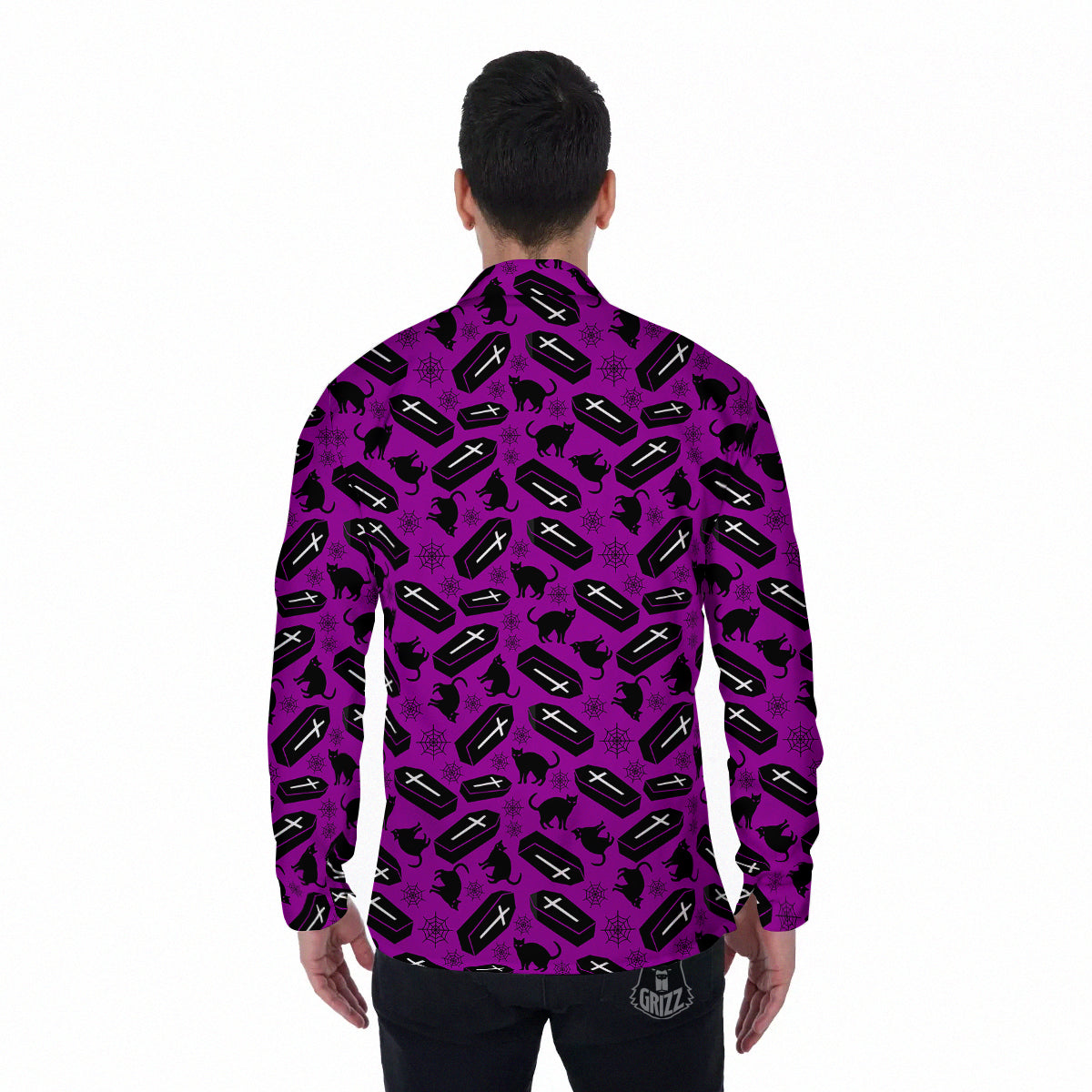 Coffin And Cat Purple Print Pattern Men's Long Sleeve Shirts-grizzshop