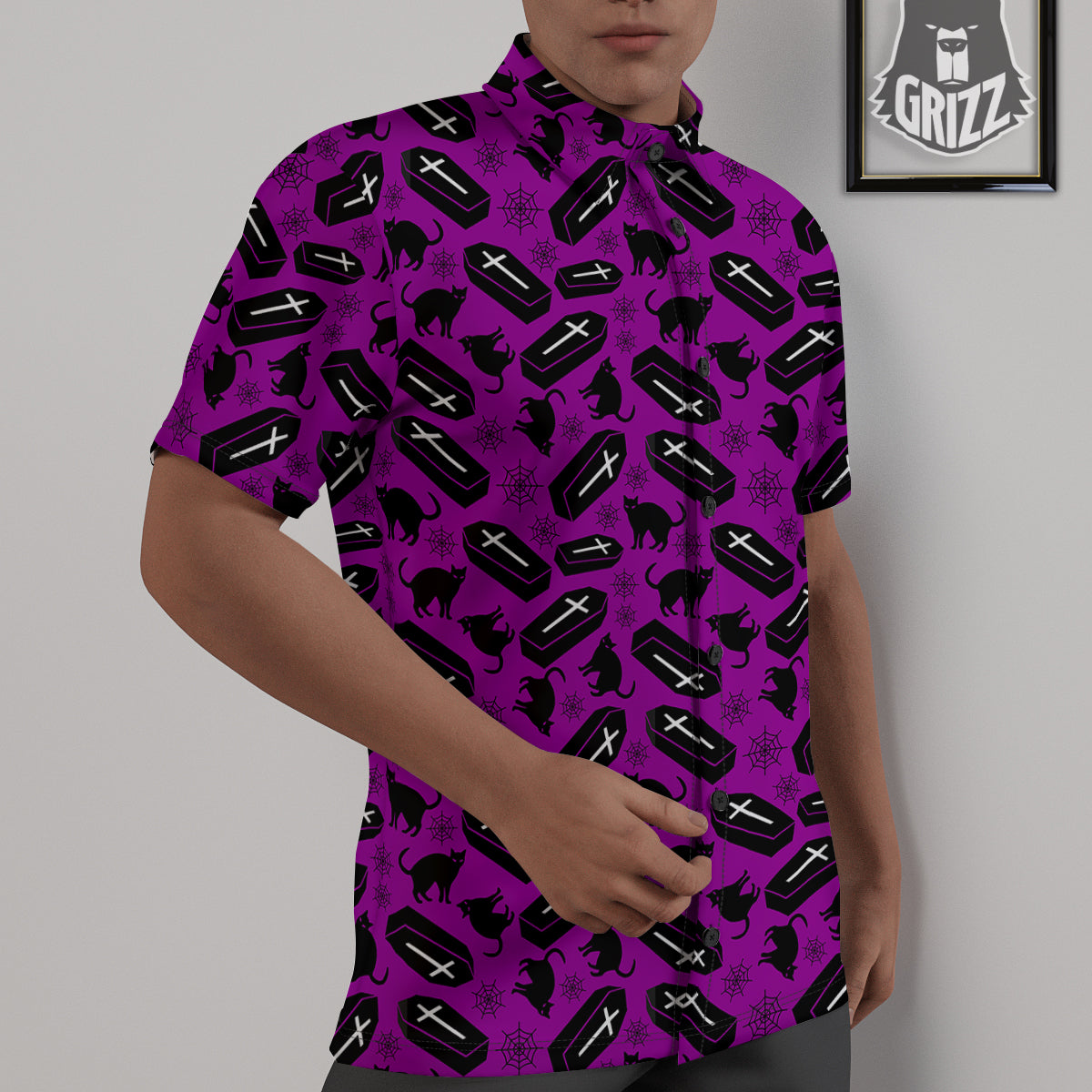 Coffin And Cat Purple Print Pattern Untucked Shirts-grizzshop