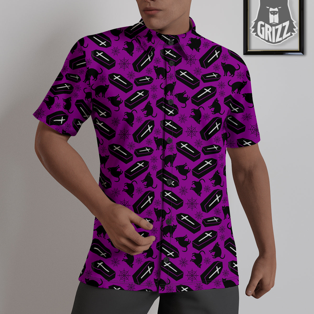 Coffin And Cat Purple Print Pattern Untucked Shirts-grizzshop