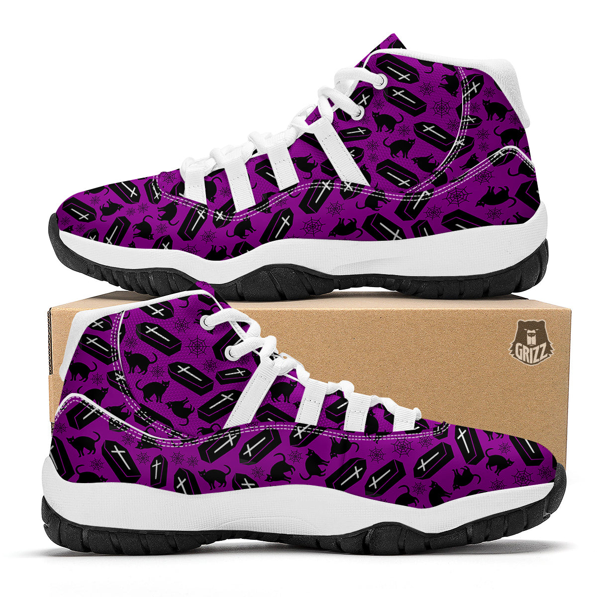 Coffin And Cat Purple Print Pattern White Bball Shoes-grizzshop