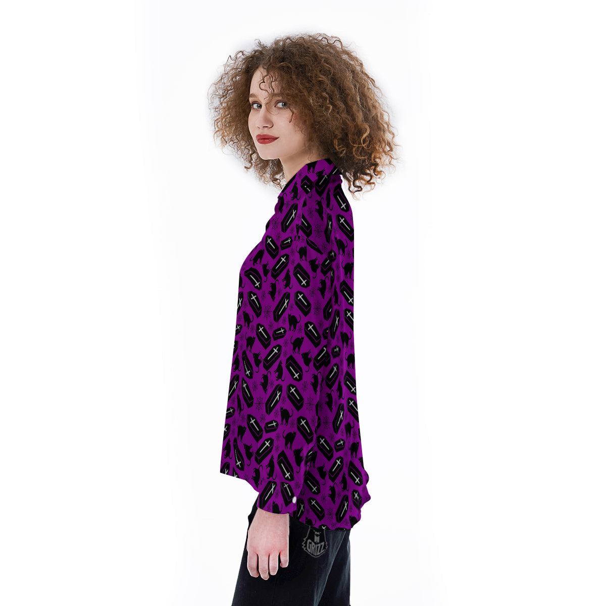 Coffin And Cat Purple Print Pattern Women's Long Sleeve Shirts-grizzshop