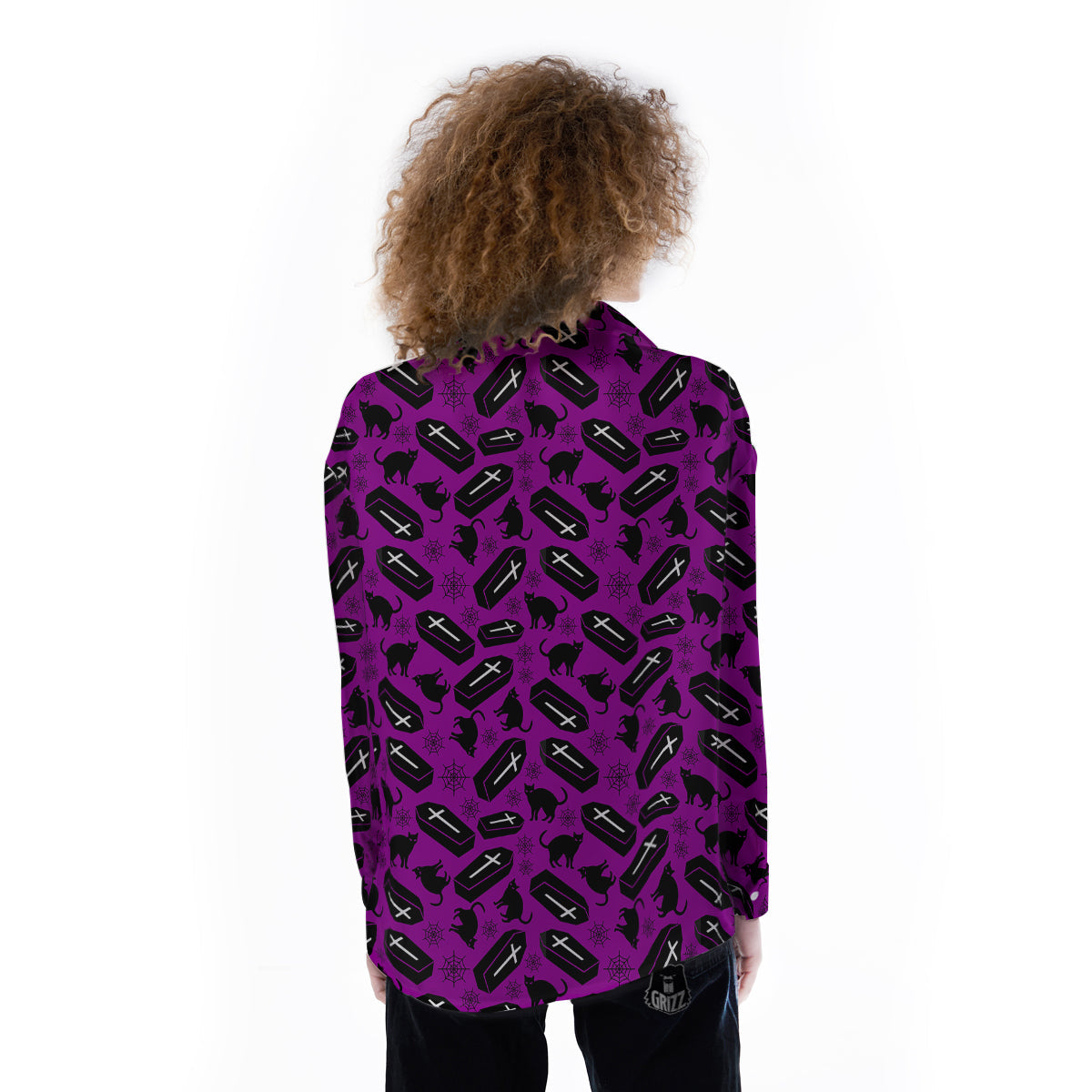 Coffin And Cat Purple Print Pattern Women's Long Sleeve Shirts-grizzshop