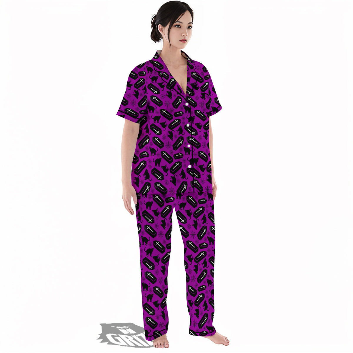Coffin And Cat Purple Print Pattern Women's Pajamas Set-grizzshop