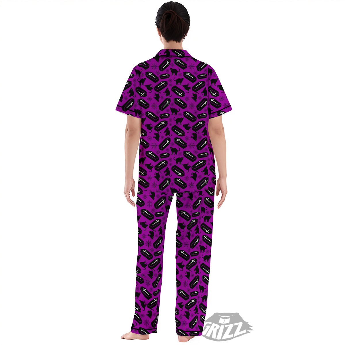 Coffin And Cat Purple Print Pattern Women's Pajamas Set-grizzshop