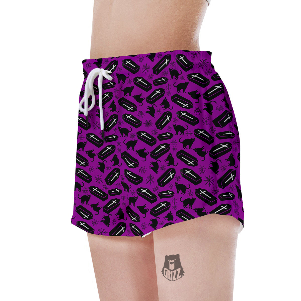 Coffin And Cat Purple Print Pattern Women's Shorts-grizzshop