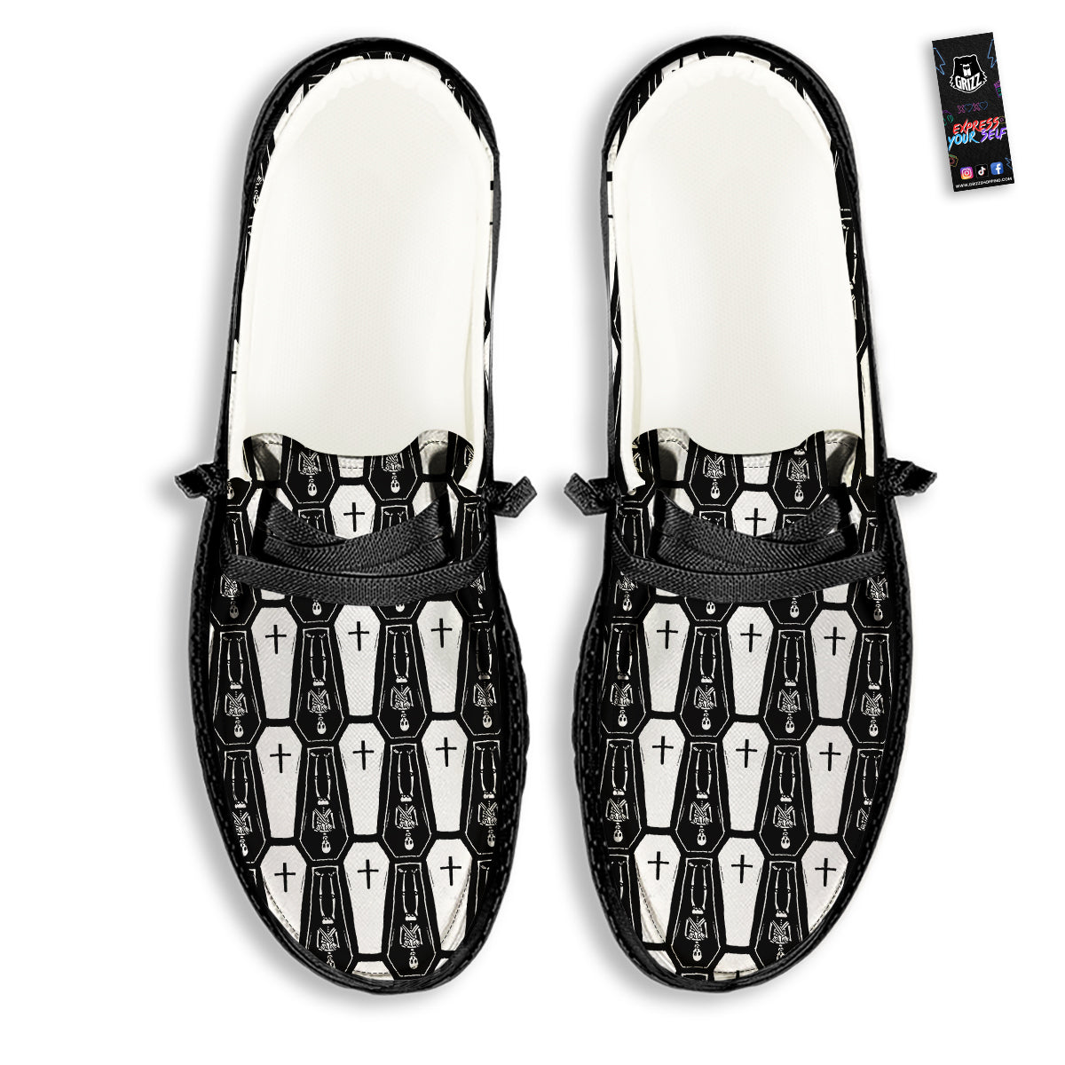 Coffin And Skeleton Print Pattern Black Loafers-grizzshop