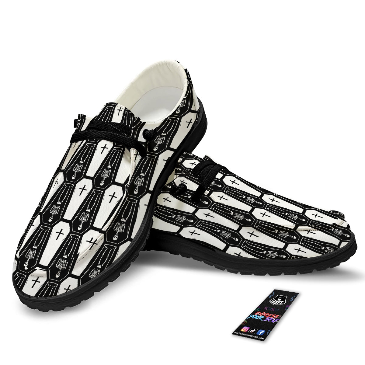 Coffin And Skeleton Print Pattern Black Loafers-grizzshop