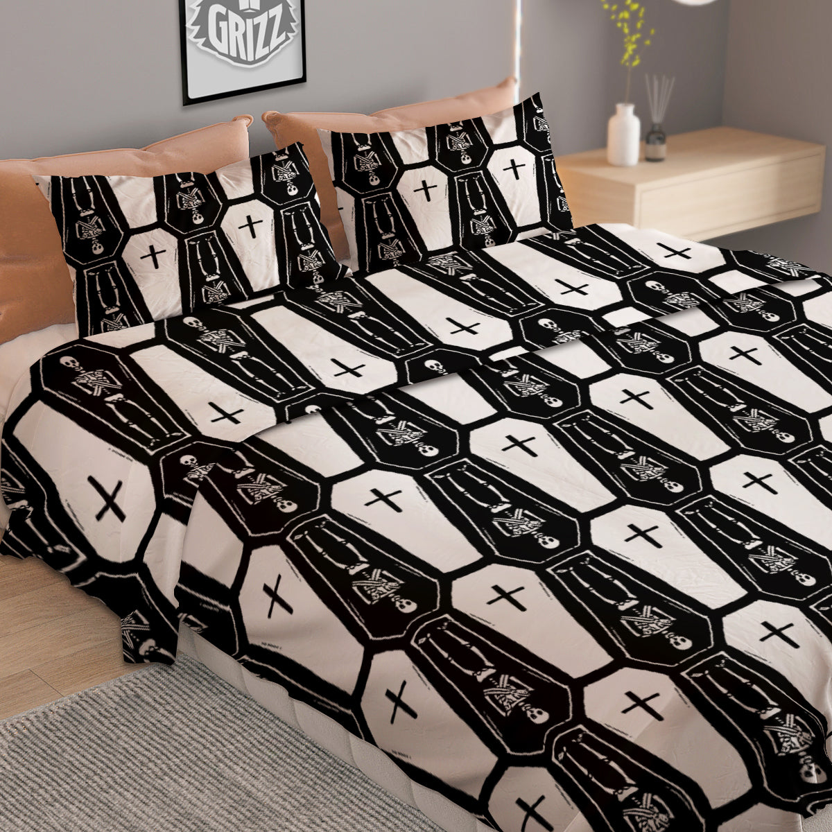 Coffin And Skeleton Print Pattern Duvet Cover Bedding Set