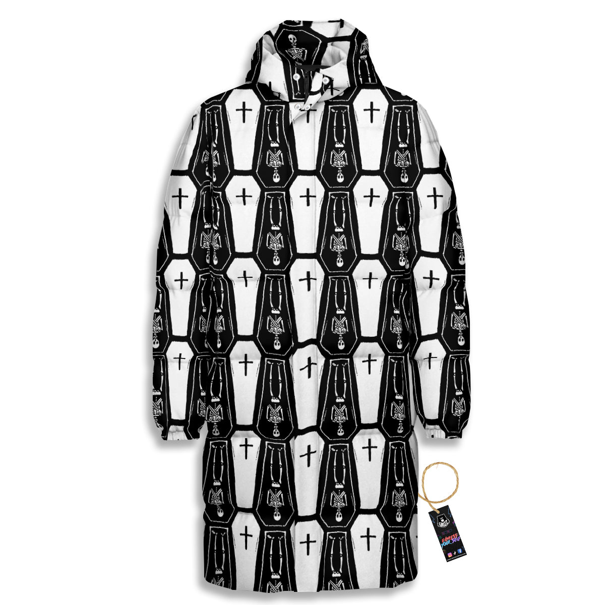 Coffin And Skeleton Print Pattern Long Down Jacket-grizzshop