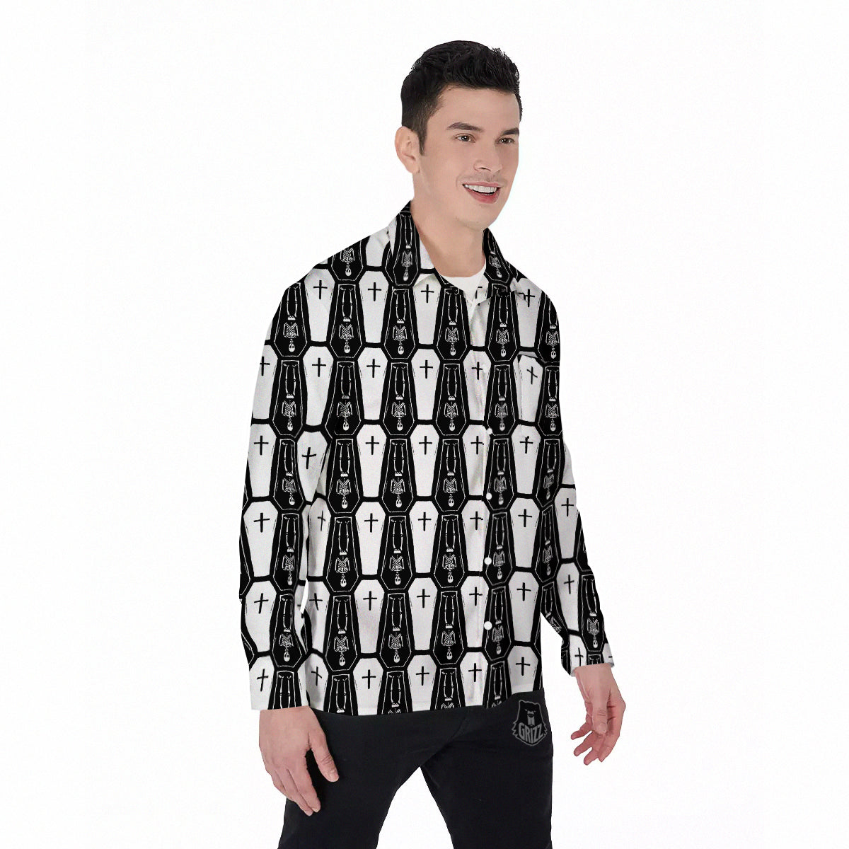 Coffin And Skeleton Print Pattern Men's Long Sleeve Shirts-grizzshop