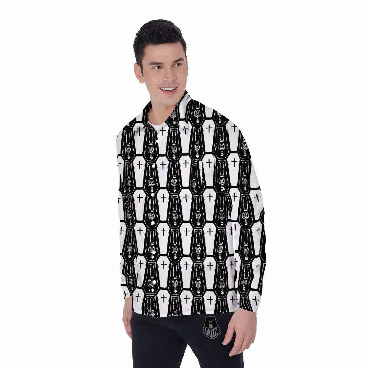Coffin And Skeleton Print Pattern Men's Long Sleeve Shirts-grizzshop