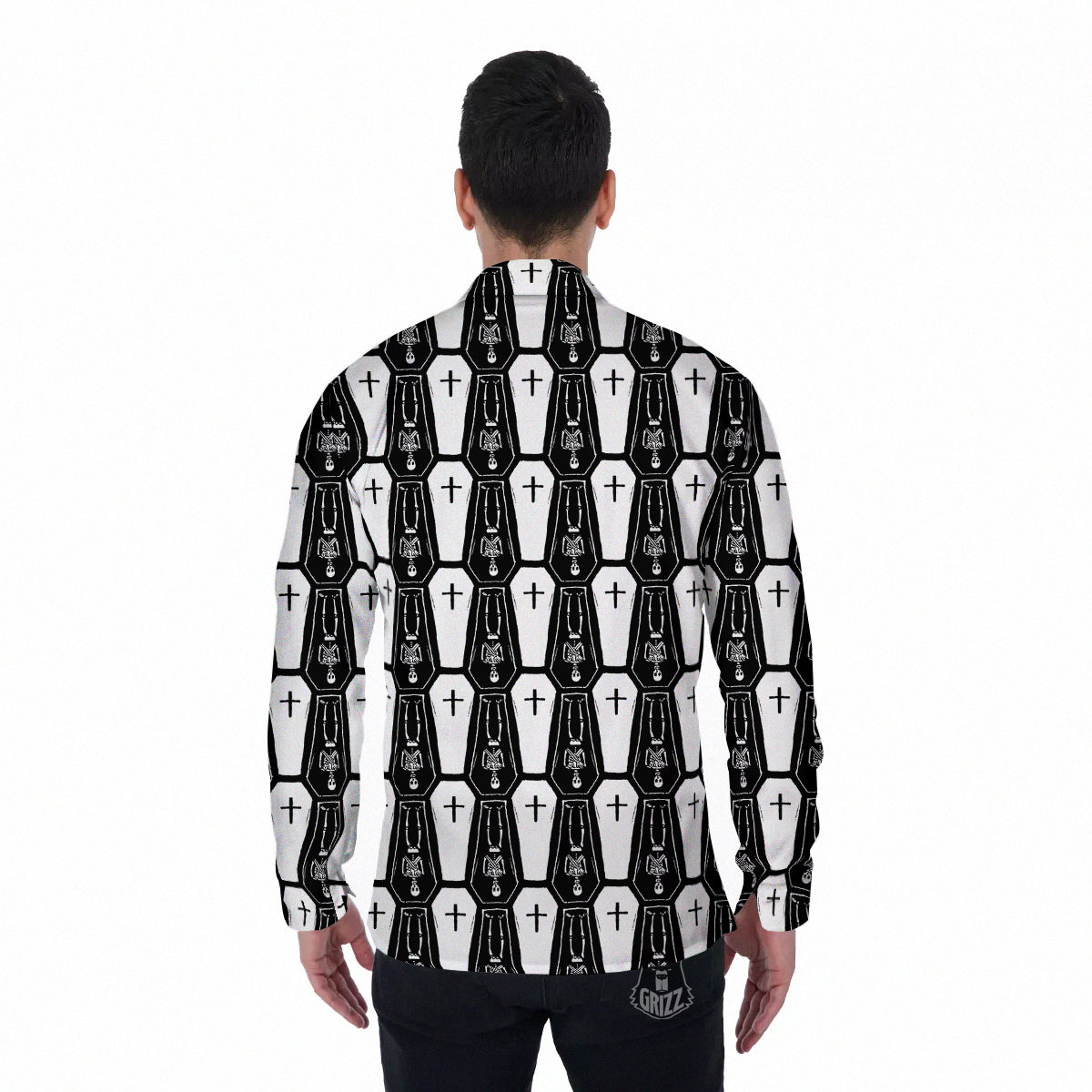 Coffin And Skeleton Print Pattern Men's Long Sleeve Shirts-grizzshop