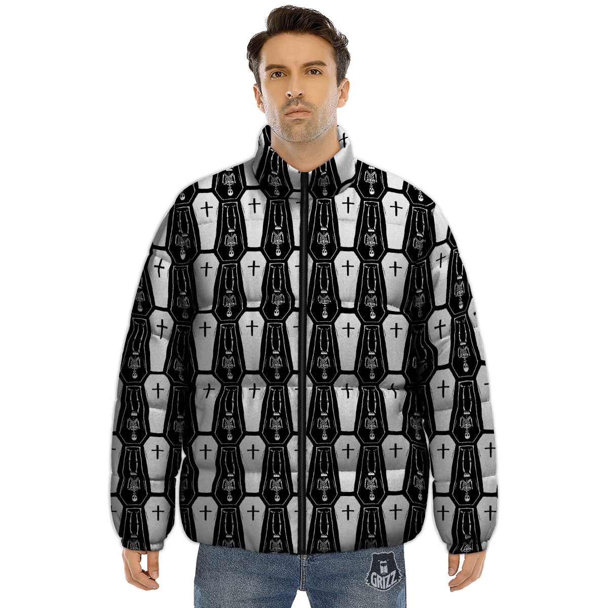 Coffin And Skeleton Print Pattern Puffer Jacket-grizzshop